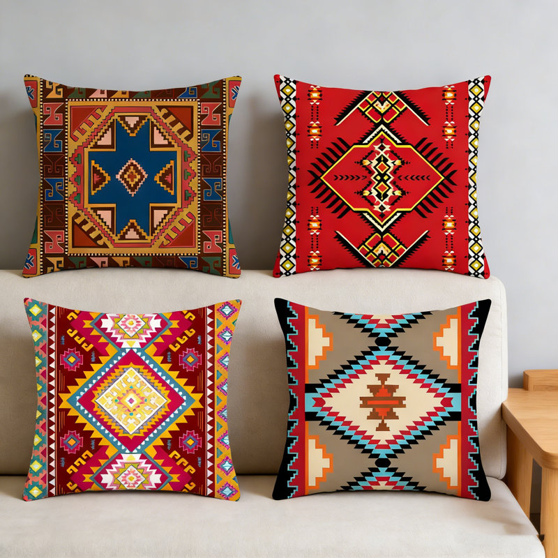 Ensemble de 4 housses de coussins décoratifs style bohémien de style marocain épaissis (18 x 18 pouces) (45 x 45 cm), B4