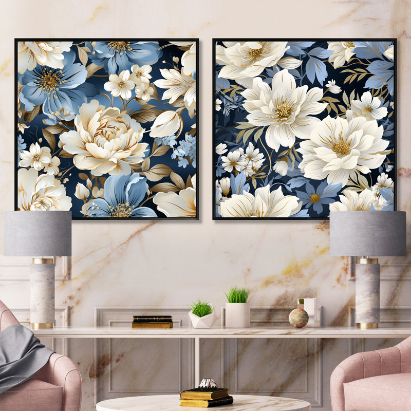 Daigre - Ensemble de 2 collages carrés floraux, Cadre flottant noir, H 36 po x l 73 po