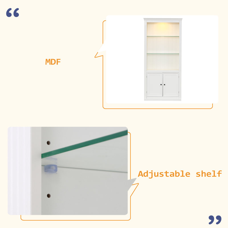 Étagère de présentation 78,75 po à 4 niveaux, avec plafonnier à intensité variable 5 couleurs, bibliothèques de ferme autoportantes avec rangement et portes, bibliothèque avec tablettes en verre réglables pour la maison et le bureau