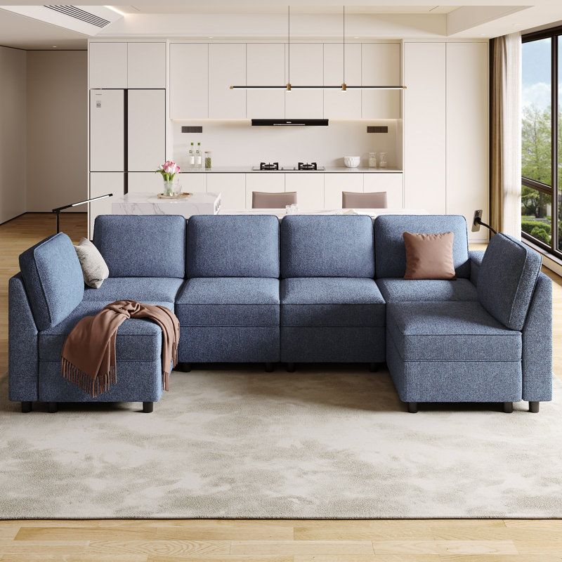 Canapé modulaire rembourré en U avec rangement et repose-pieds 7 pièces 7 pièces, Mélange de polyester bleu marine