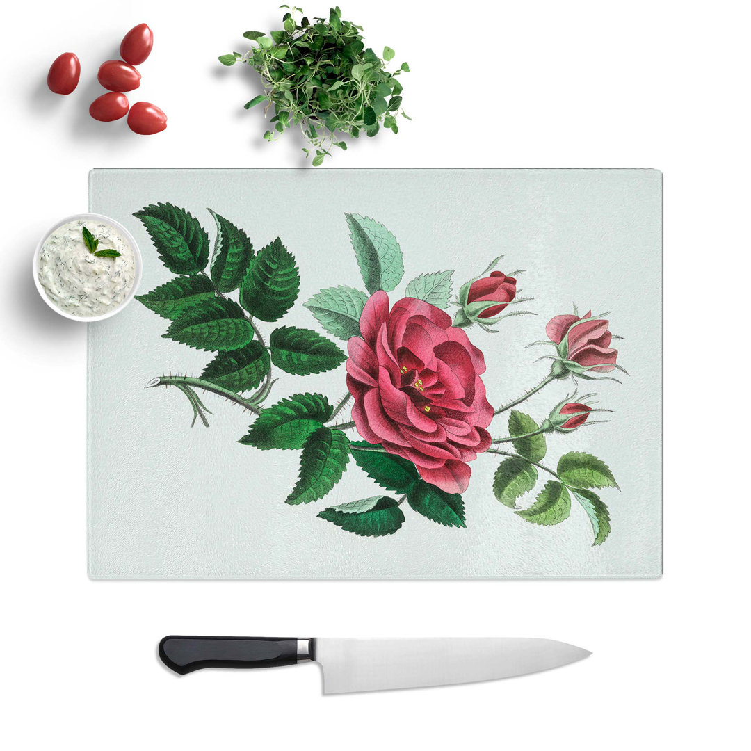 Glass French Rose Illustration Chopping Board