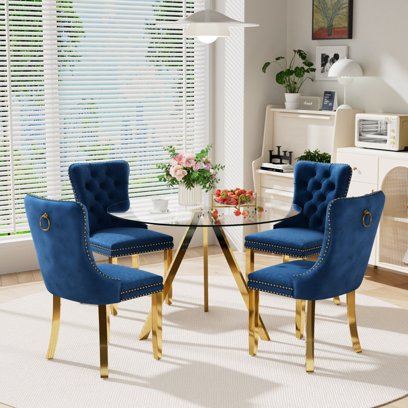 5-Piece Pedestal Gold Dining Set, Blue, 30" H x 39" W x 39" D