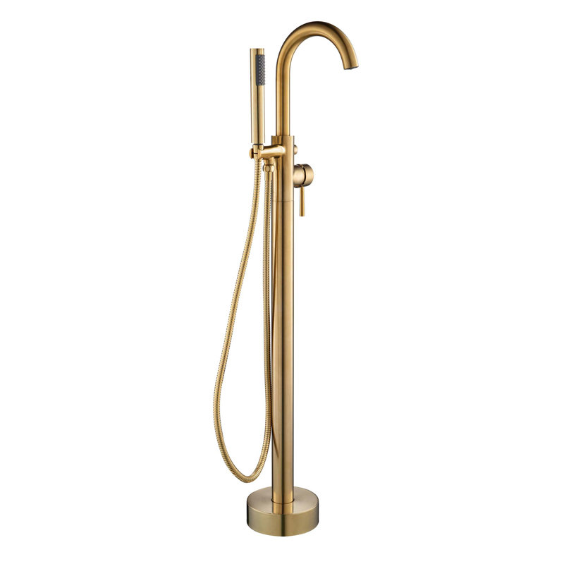 Single Handle Floor Mounted Freestanding Tub Faucet with Handshower, Brushed Gold