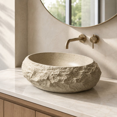 18" Beige Resin Irregular Oval Vessel Bathroom Sink with Textured Stone Finish