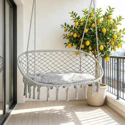 2-Person Hammock Chair Macrame Swing With Soft Cushion, Hanging Cotton Rope Chair