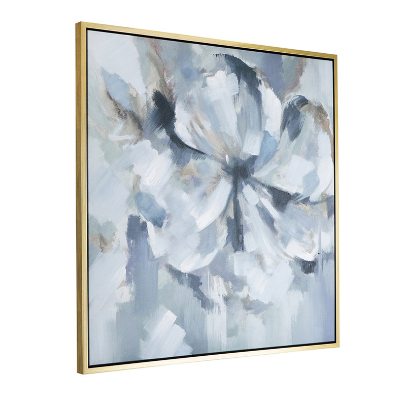 39,5 po x cadre carré en or moderne, peinture à l'huile sur fleur, élément abstrait gris-bleu, tendeur sur châssis en bois, 40% art sur toile et photo,