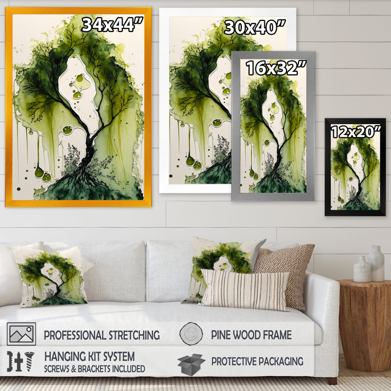 Green Green Moss Tree - reproduction d'art sur toile, Impression noire sur toile encadrée, H 20 po x l 12 po x P 1 po