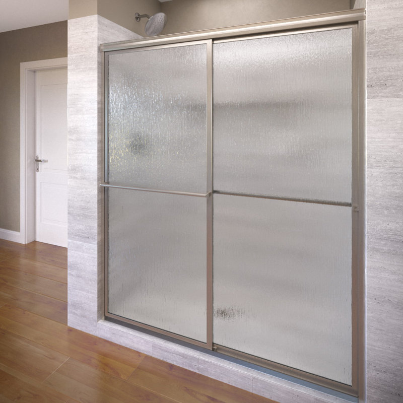 Deluxe 42'' - 44'' W x 68'' H Bypass Frameless Shower Door with Pattern Glass, Brushed Nickel, Rain