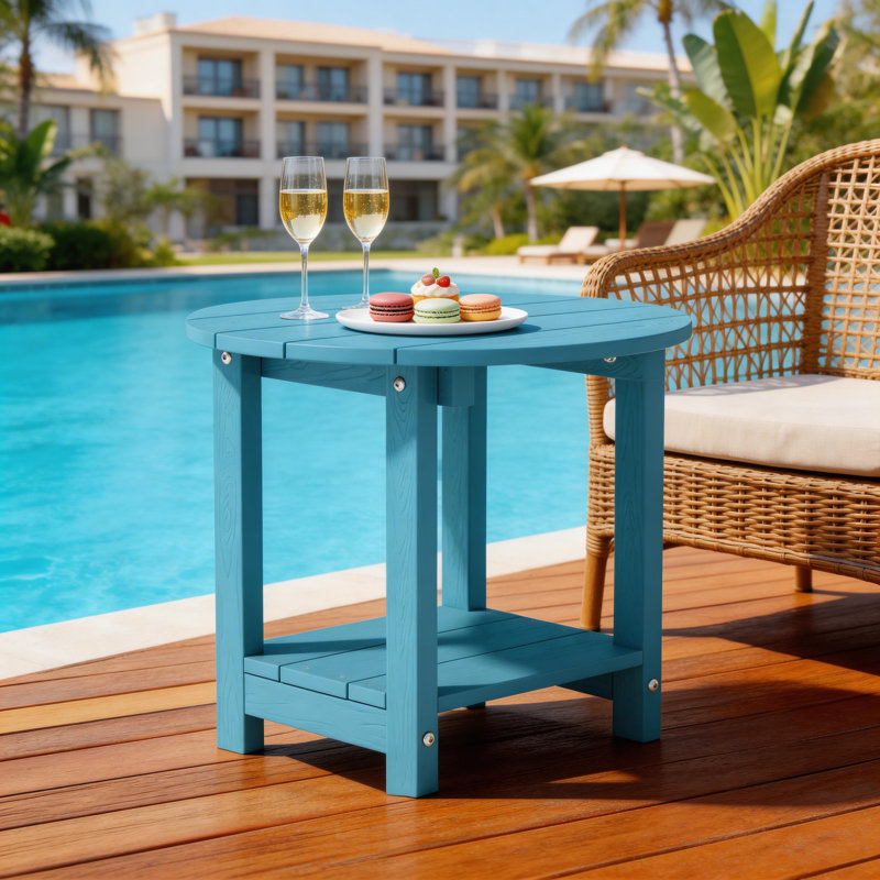 Table d'appoint ronde pour l'extérieur H 18 po x P 18 po pour chaises Adirondack, table de bout à 2 niveaux avec rangement facile à entretenir et résistant aux intempéries avec support de charge de 330 lb pour la cour, la piscine, le patio, le porche, le jardin, la pelouse, le compagnon de détente, Bleu