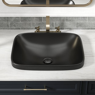 Los Flexi Semi Recessed Vessel Sink, Rectangular Ceramic Drop In Bathroom Sink with Pop-up Drain