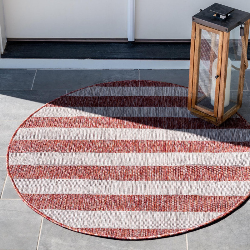 Tapis rayé rouge / gris intérieur / extérieur Simkins, Rond 10pi