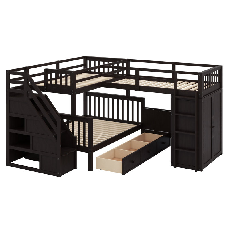 Jamelah Twin-Twin over Full L-Shaped Bunk Bed With 3 Drawers, Portable Desk and Wardrobe, Espresso