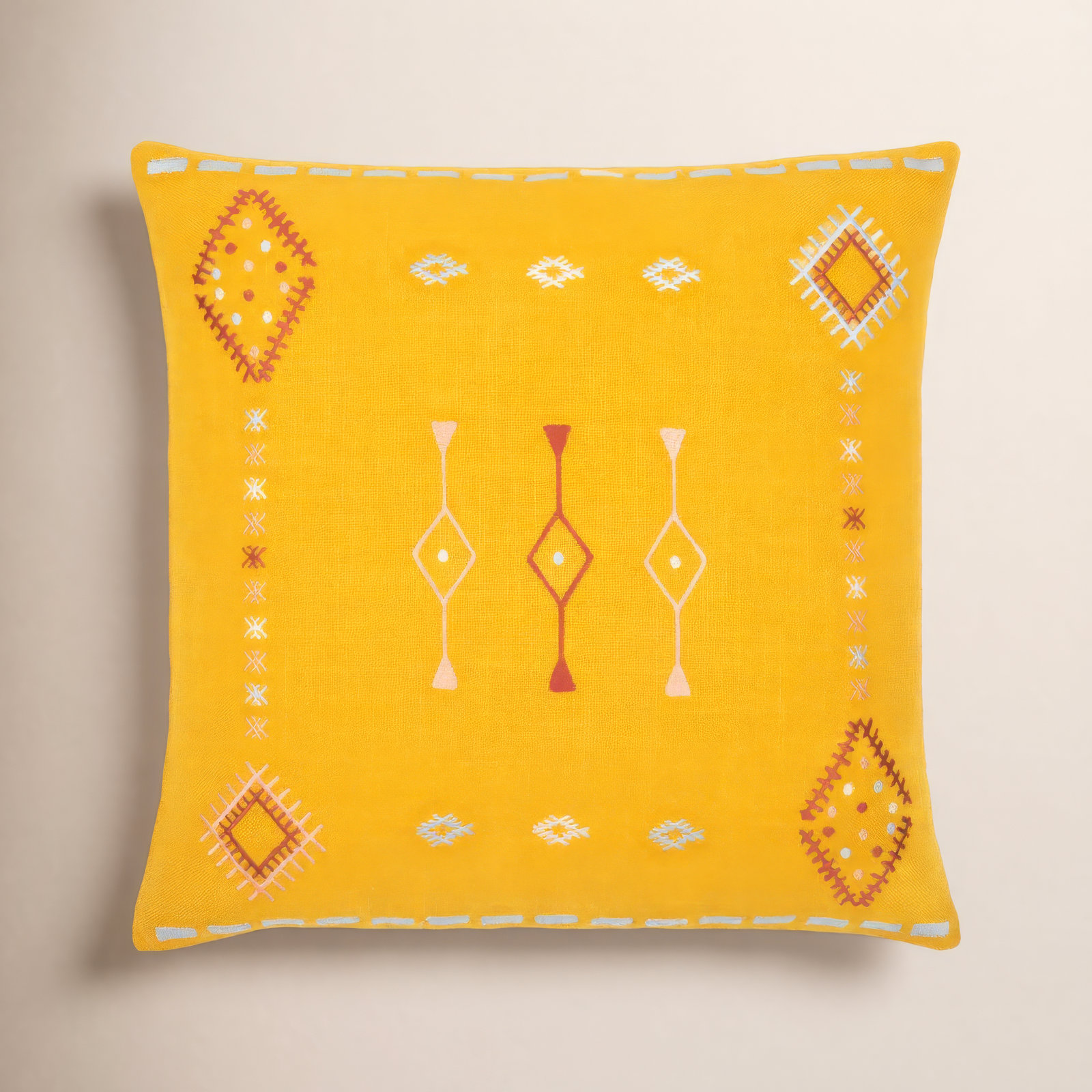 Gwyn Embroidered Cotton Pillow Cover, Mustard/Dusty Pink/Pale Blue, 18" x 18"