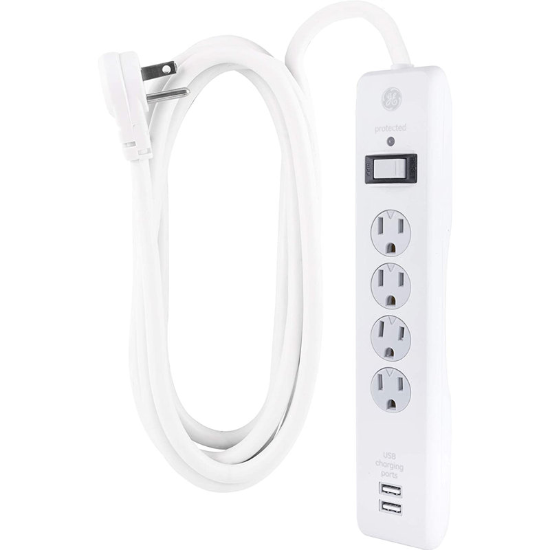GE 8-ft 4-Outlet 2-USB-A 800J, White, 25798