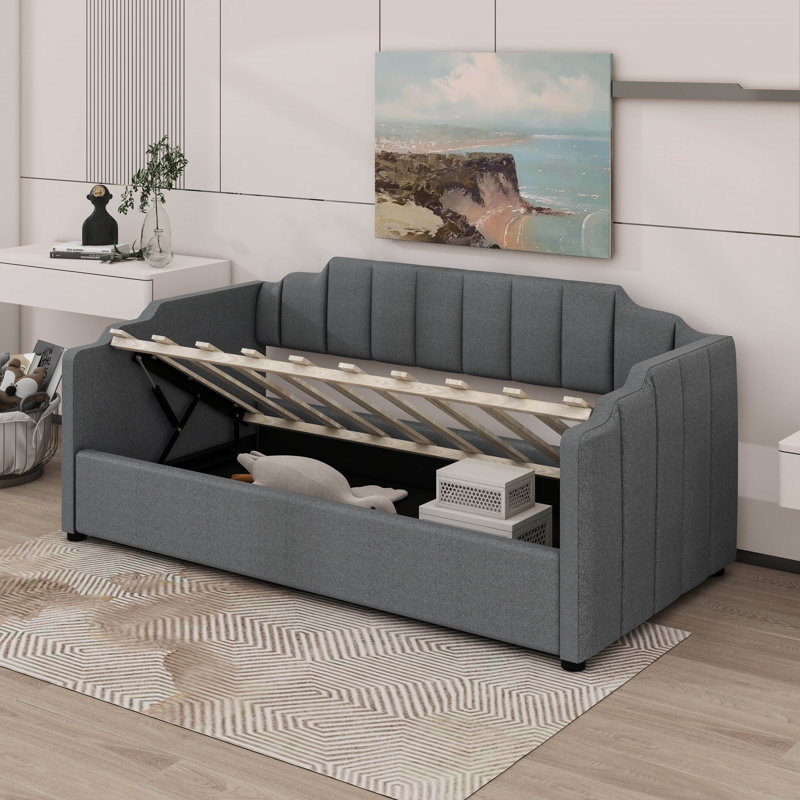Lit de jour rembourré avec rangement inférieur, Gris, Lit simple