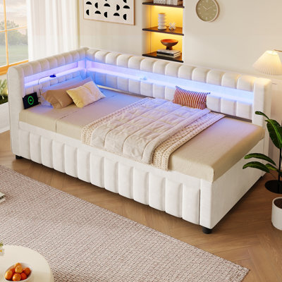 Twin XL to King Size Upholstered Charnley with LED Lights,USB and Pull Out Trundle Bed