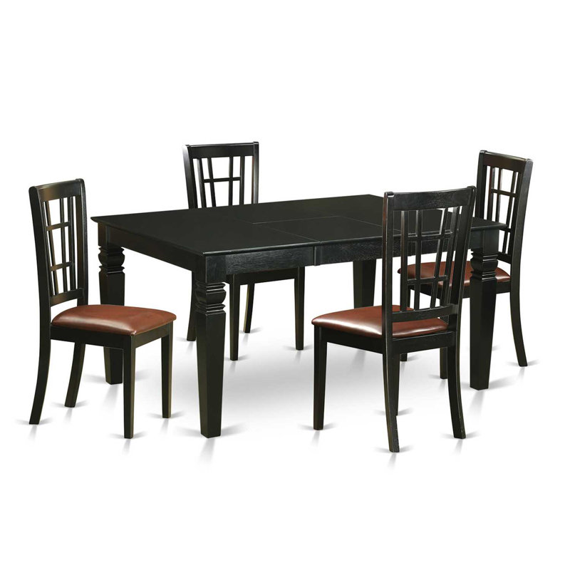 Ensemble de salle à manger 5 pièces comprenant une table de salle à manger rectangulaire avec rallonge papillon et 4 chaises de salle à manger en similicuir, noir