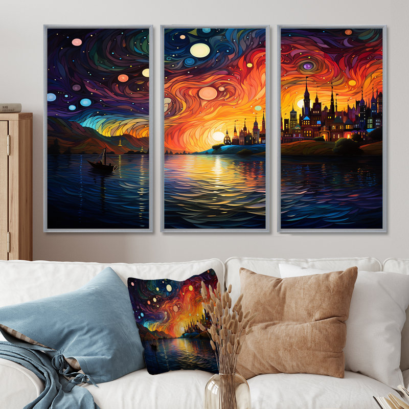 Nuit étoilée sur le rhône en France II - Vangogh, art mural, H 28 po x l 36 po x P 1 po, Cadre argenté flottant