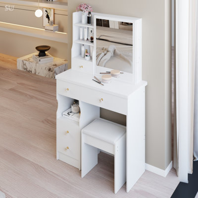 Petite coiffeuse 29,2 po avec tabouret de bureau à gauche et tabouret rembourré, très grand miroir coulissant à droite, rangement multicouche à grande capacité, commode pratique et pratique, convient aux petits espaces