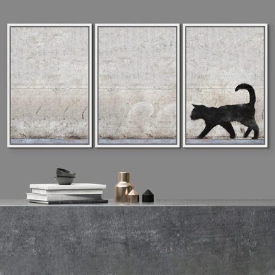 Pop Urban Street " Black Cat Silhouette Triptych Graffiti & Street Art Cities Scenic Urban " 3 - Pieces