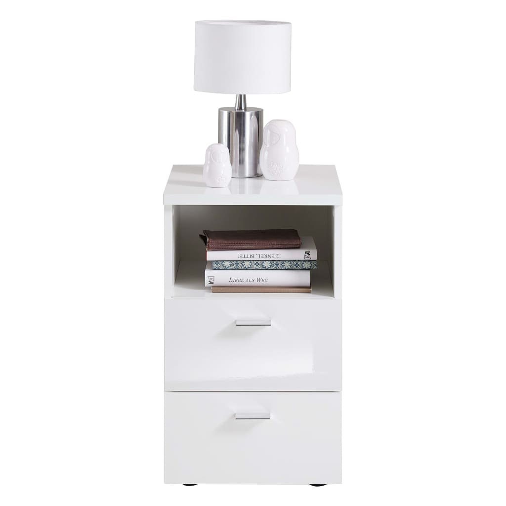 FMD Bedside Table with 2 Drawers Shelf High Gloss White