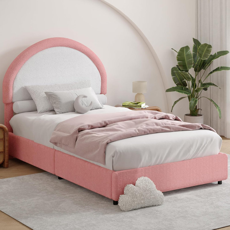 Bensu Boucle Upholstered Platform Bed Frame with Headboard - Soft Rounded Corner Design, Modern Bedroom Furniture, Twin