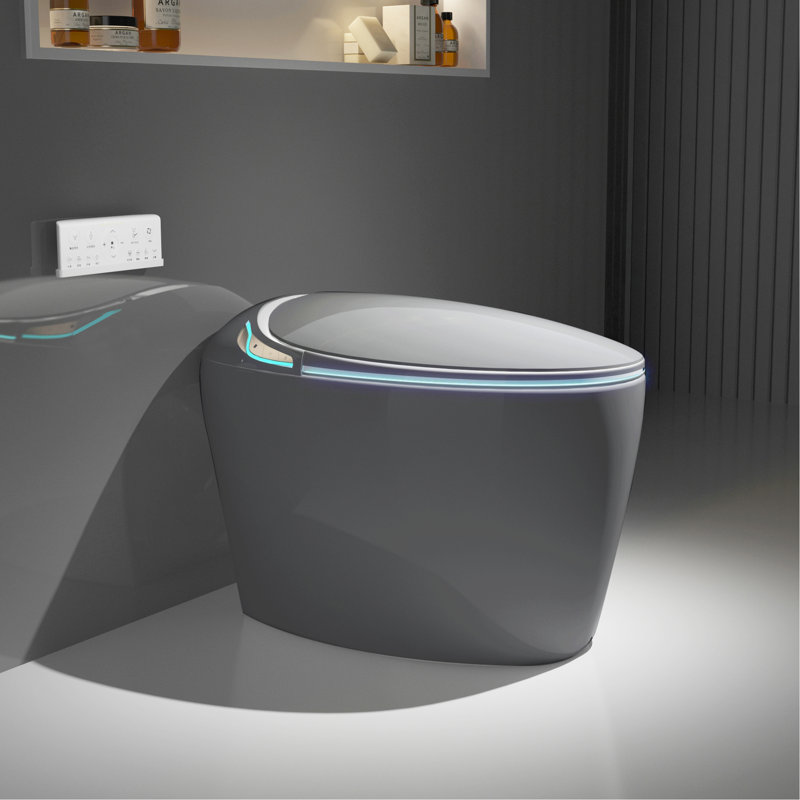 Unique Smart Toilet With Bidet Built In, Intelligent One Piece Toilet For Modern Bathroom, Auto Open/Close Seat, Foot Sensor, LED Display, Night Light, Warm Water & Dryer, Grey