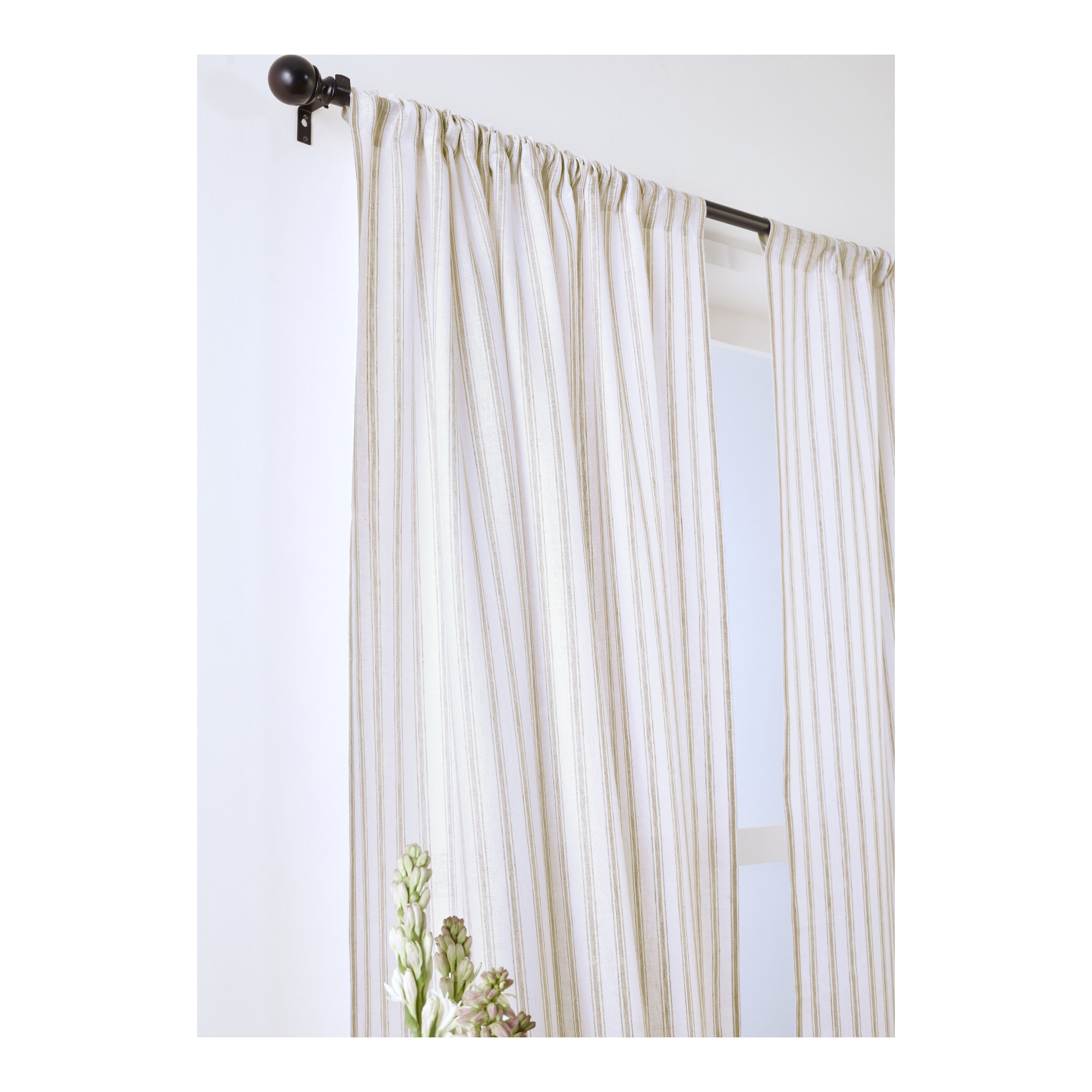 Capri Ticking Stripe - 100% Pure Linen Curtain, 52" W x 96" L, Natural and White