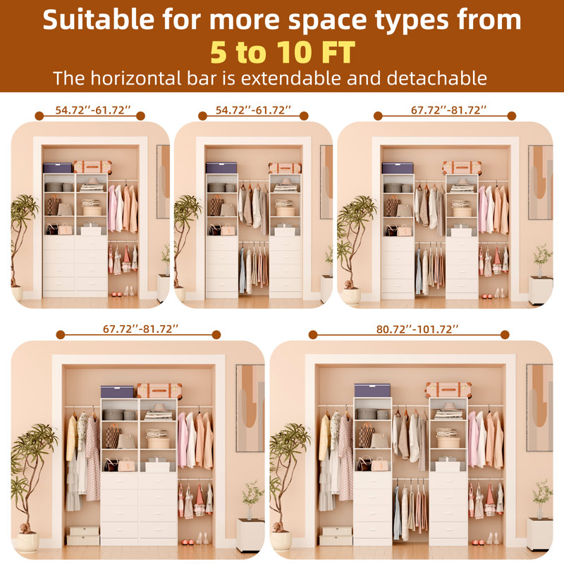 Système de garde-robe réglable 2 pièces avec tiroirs, tringles de suspension extensibles, tours de rangement, blanc