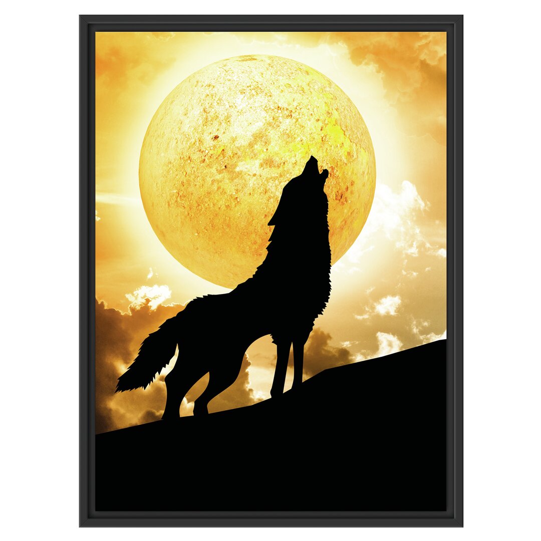 Gerahmtes Wandbild Wolf heult Mond an