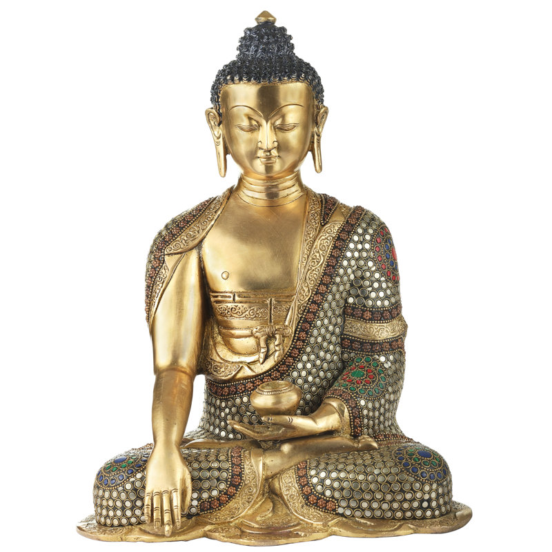 Statue de Bouddha Bhumisparsha avec incrustation de pierre