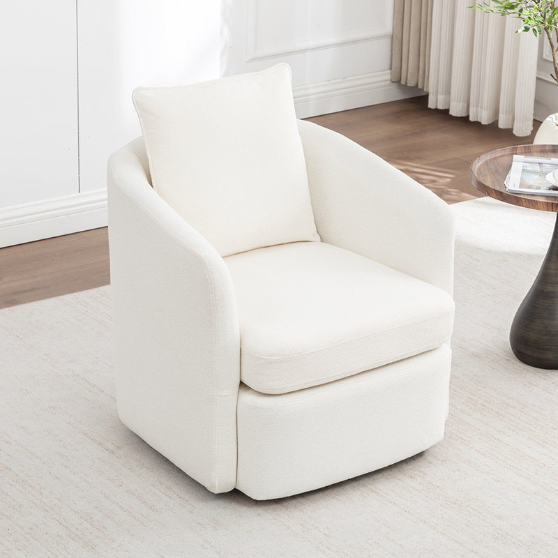 MINCETA Swivel Accent Chair, 360° Swivel Barrel Chair with Pillow, Round Armchair with Metal Base, Upholstered Club Chairs for Living Room, Bedroom, Boucle Fabric, White