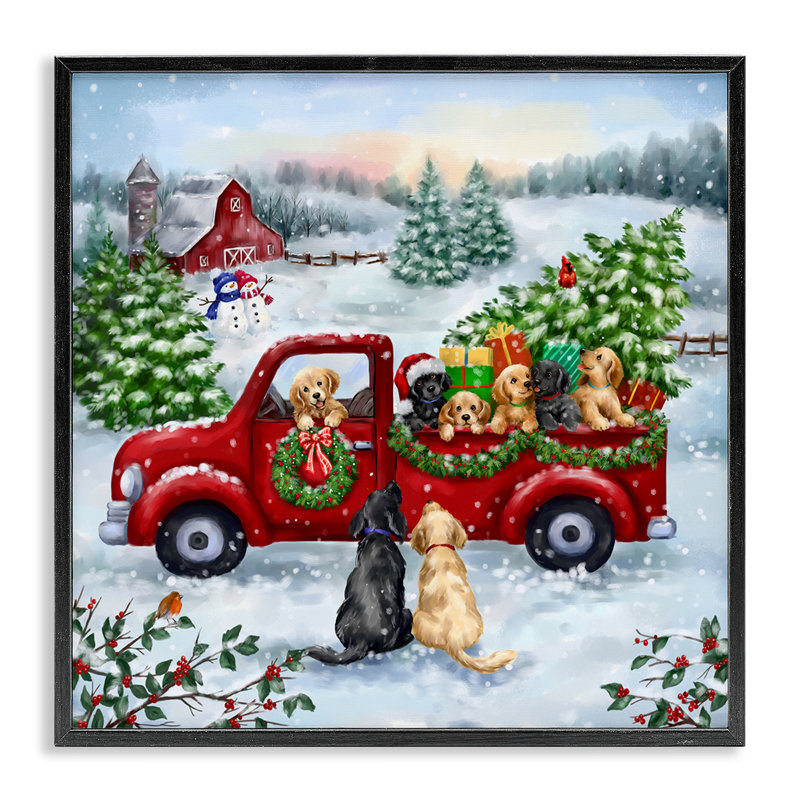 «Holiday Truck & Tree», estampe numérique de Jean François, Giclée encadrée noir minuit, H 24 po x l 24 po