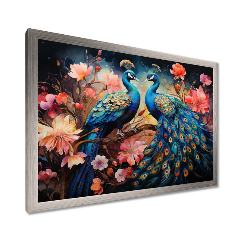 «Blue Coral Indian Art Dancing Peac II» - Art mural indien, H 30 po x l 40 po x P 1,5 po, Cadre simple argenté
