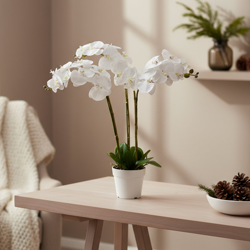 Algreen 29" Faux Triple Orchid in White Decorative Planter