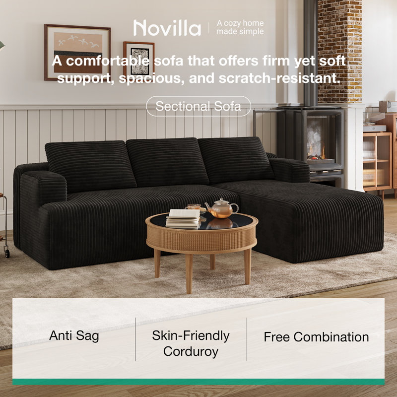 Modern Corduroy Cloud Couch Sectional Sofa, L-Shape 3-Seater Sofa with Smarts Coil Support, Black, Right Hand Facing