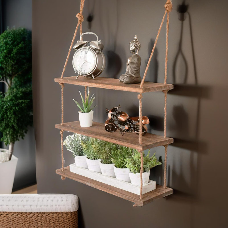 3 Tier Wooden Floating Rope Shelf Wall Mounted Decor Storage Shelves Display Rack