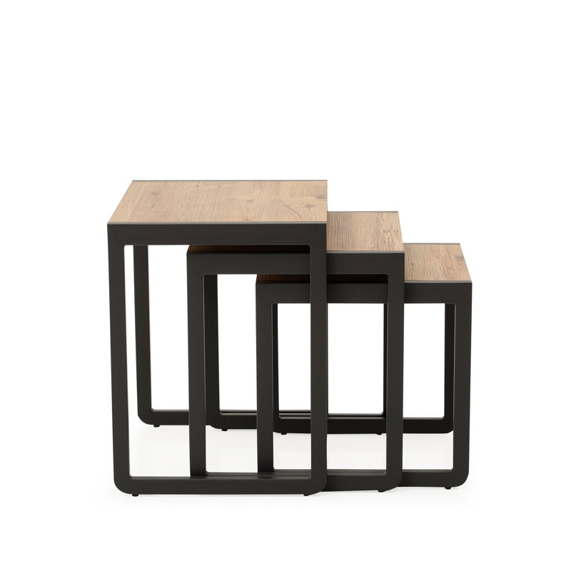 Ensemble de 3 tables gigognes, tables d'appoint empilables en métal aspect bois pour le salon, Anthrasic