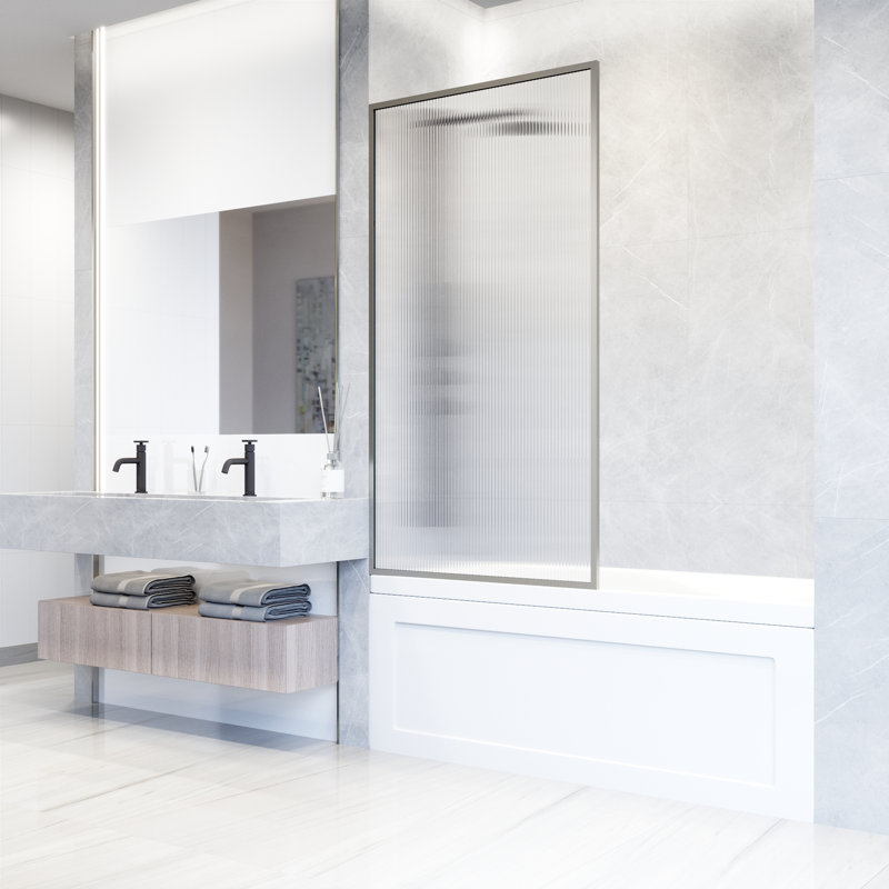 Écran de baignoire fixe avec verre 3/8 po l 34 po x H 62 po Meridian, Acier inoxydable cannelé