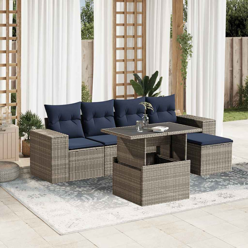  Ensemble de canapé de patio 6 pièces avec coussins en rotin de polyester noir, Gris, Marine