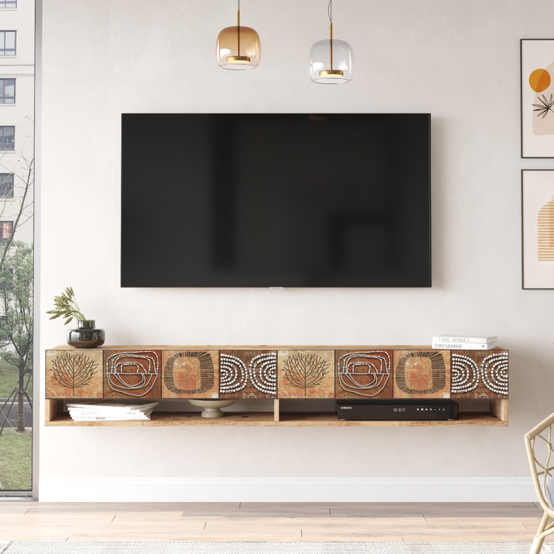 Future Tv Unit Uv Print Oak Color Floating Entertainment Center Console With Storage Shelves & Doors