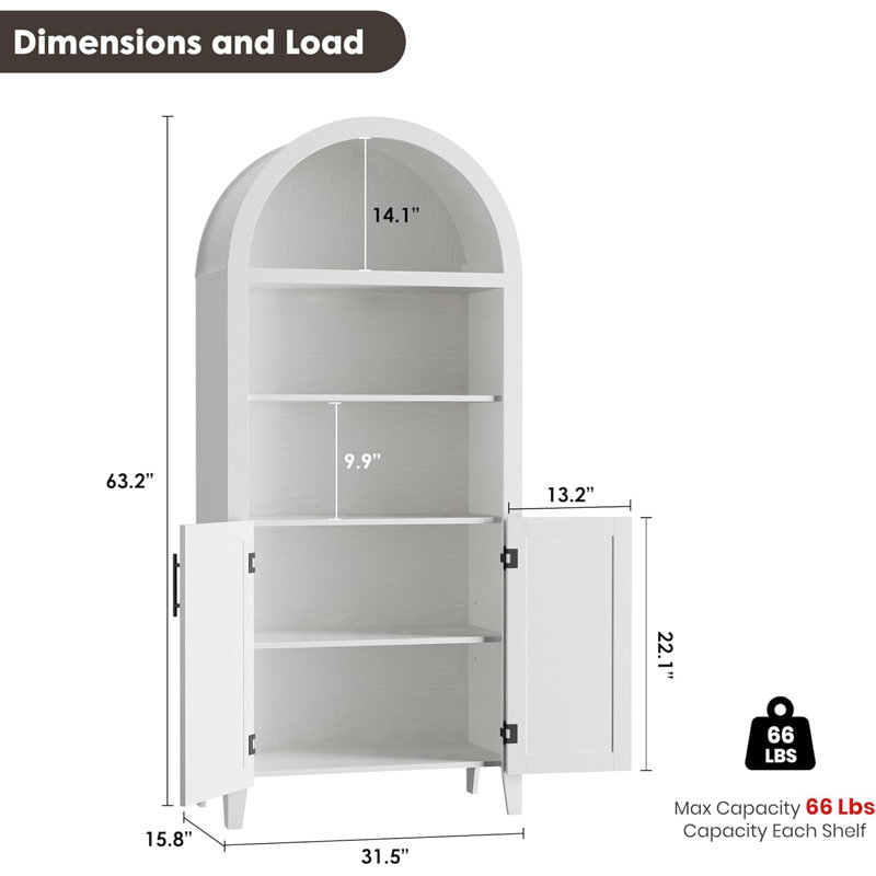  63'' Tall Arched Bookcase with Doors - 5 Tier Open Display Shelf with Rattan Decor, Modern Bookshelf Storage Cabinet for Home Office Living Room Library, White