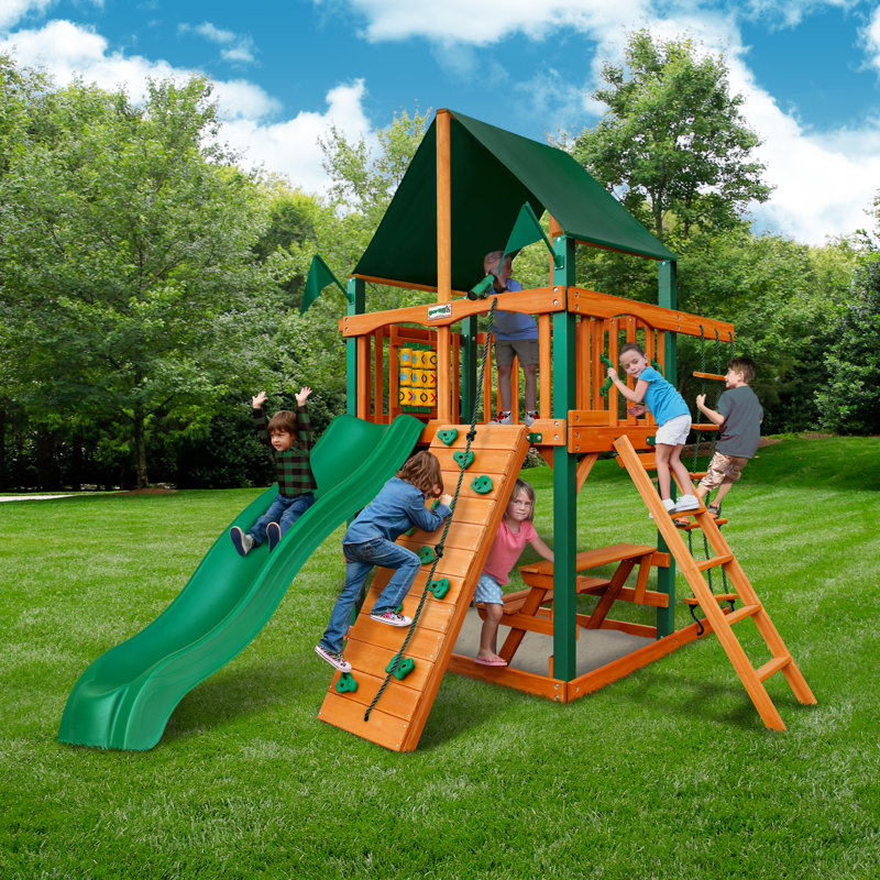 Chateau Tower Swing Set, Natural, Classic Green Vinyl Canopy