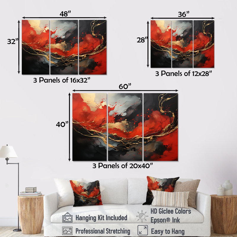 Rouge et or feu de marbre III - art mural abstrait, Toile tendue, H 40 po x l 61 po x P 1 po