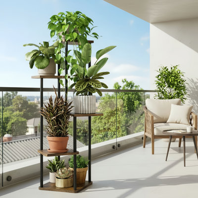 Brun, support à plante en métal à cinq niveaux, idéal pour une utilisation intérieure et extérieure, idéal pour les cours, les jardins, les balcons et les salons. Petit support à plante en pot.