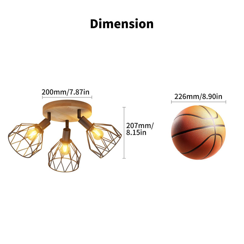 Ceiling Light,Wood Spot Light Fittings Ceilings,3 Way Adjustable Spotlights Ceiling Lights Wire Cage With E14 Base,Cage Ceilings For Kitchen Living Room(NO Bulbs)