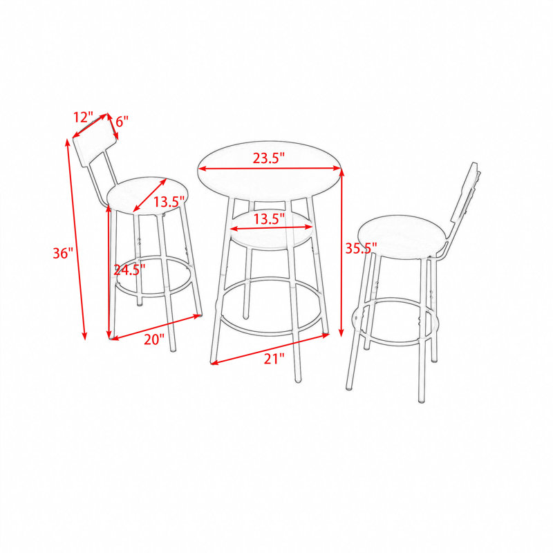 Ensemble de tabourets de bar 3 pièces avec table, tablette et 2 tabourets, Brun rustique / noir, Brun rustique