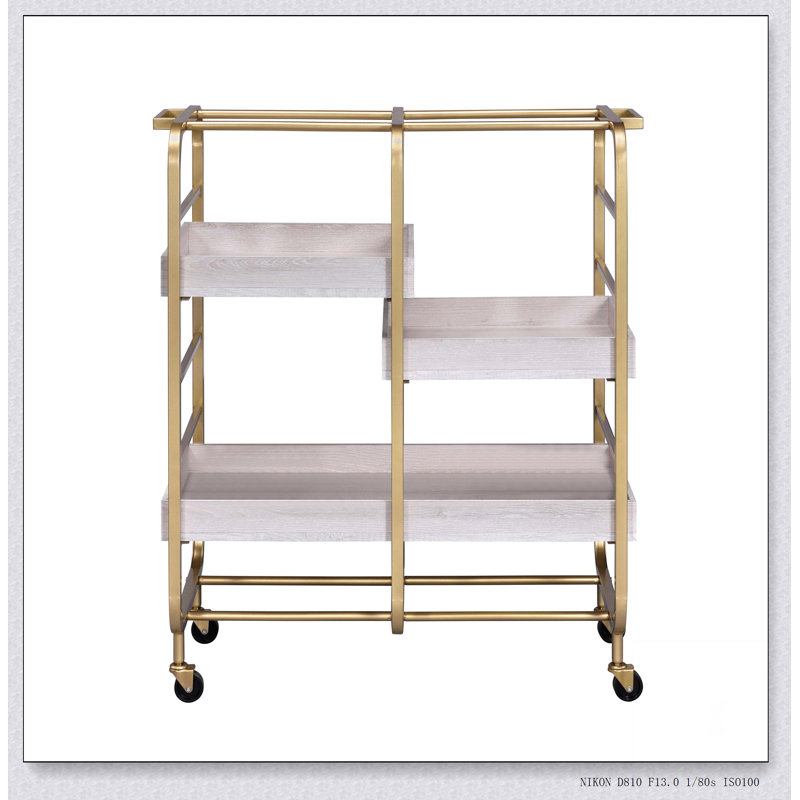 Chariot de service doré et délavé avec 3 plateaux réglables, parfait pour recevoir et manger, Doré / Blanc
