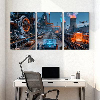 Fantasy & Sci-Fi Industrial Factory Futuristic Machinery Automation Technology Workers Drone Set of 3 Canvas Wall Art Prints