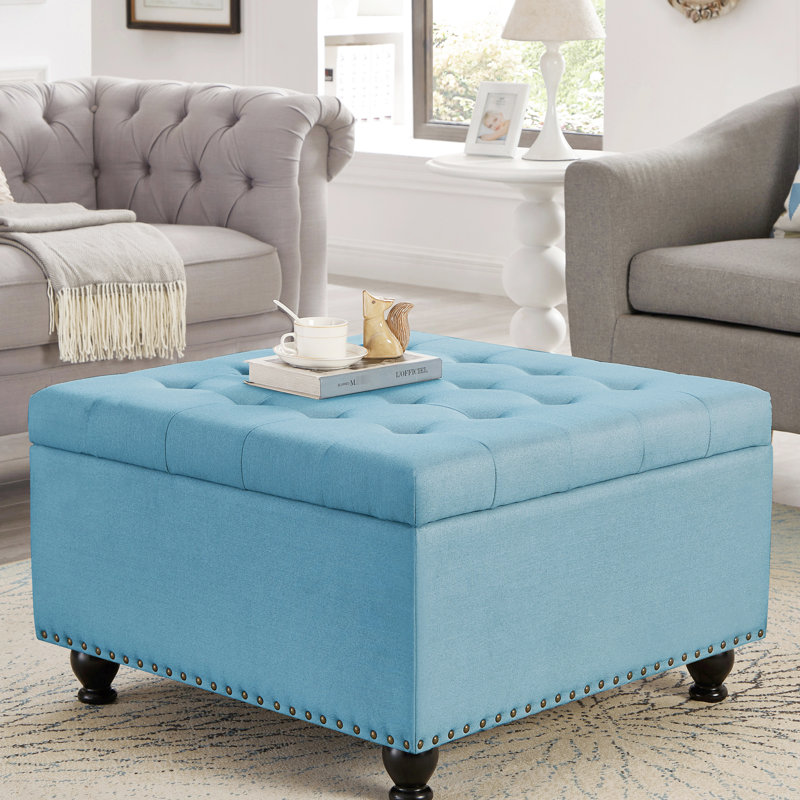 Button For Restaurant - Blue Square With Wooden Frame And Storage, Light Blue